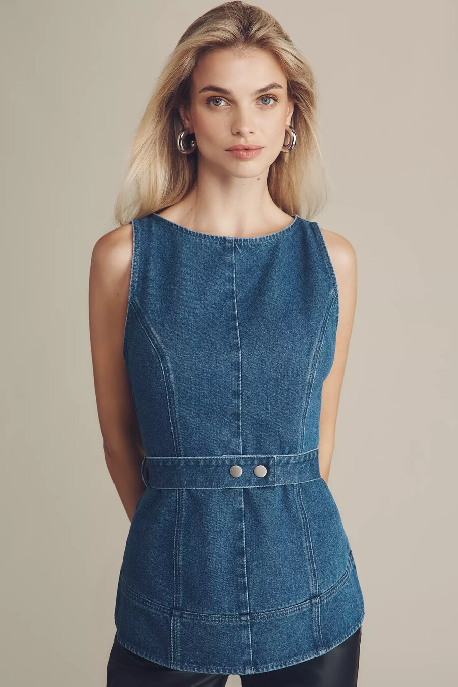 mare mare ärmlös denim topp med bälte