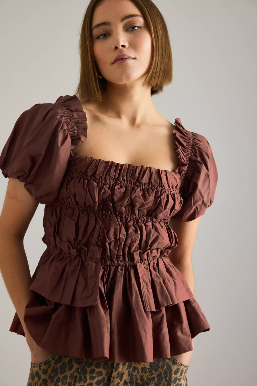 damson madder lyza ruched puff-sleeve blus