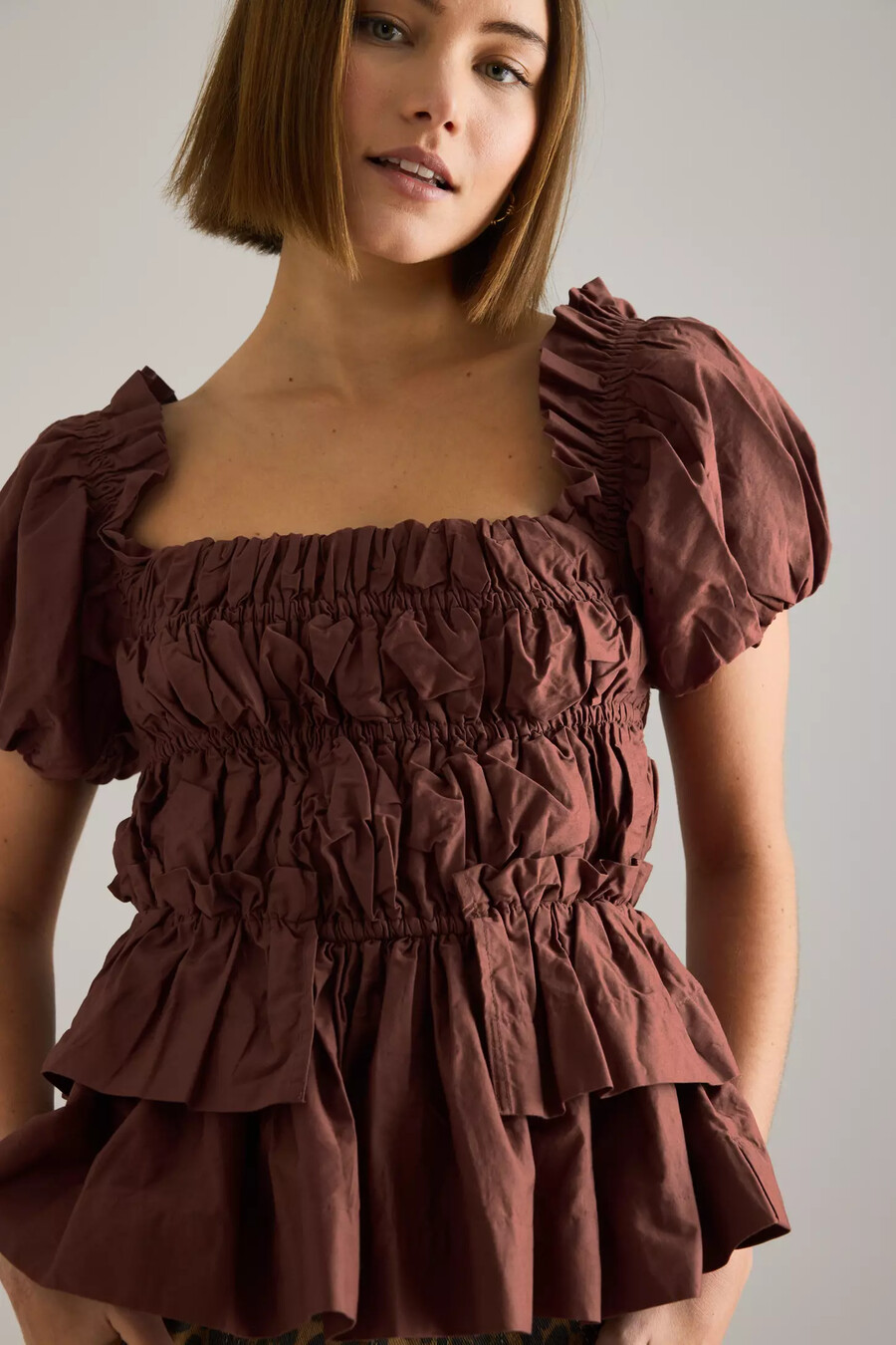 damson madder lyza ruched puff-sleeve blus