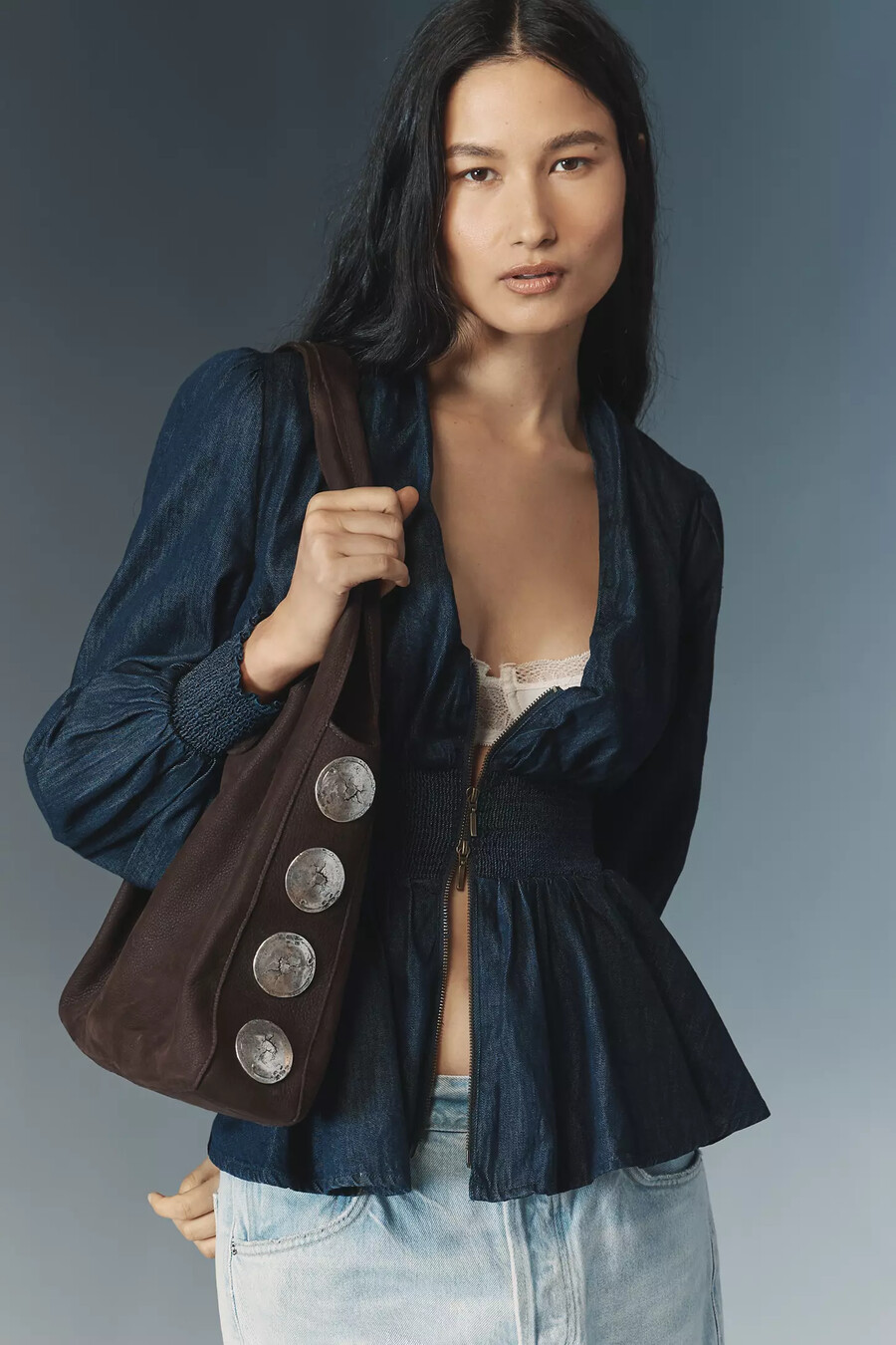 tommie långärmad denimblus med smock och dragkedja framtill