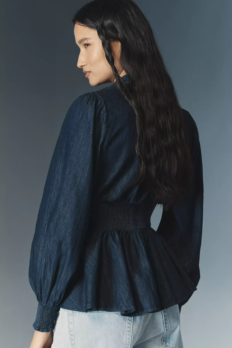 tommie långärmad denimblus med smock och dragkedja framtill