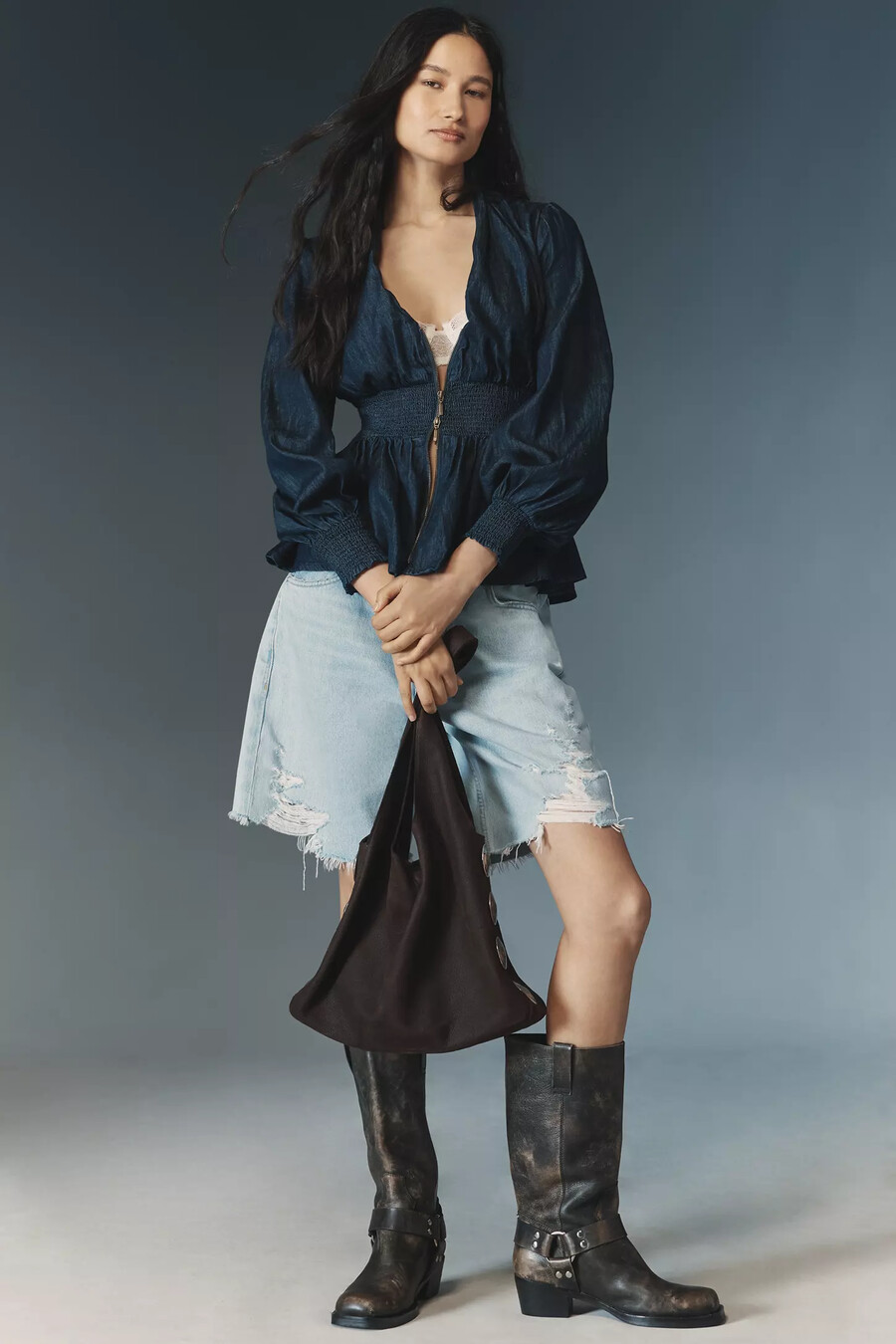 tommie långärmad denimblus med smock och dragkedja framtill