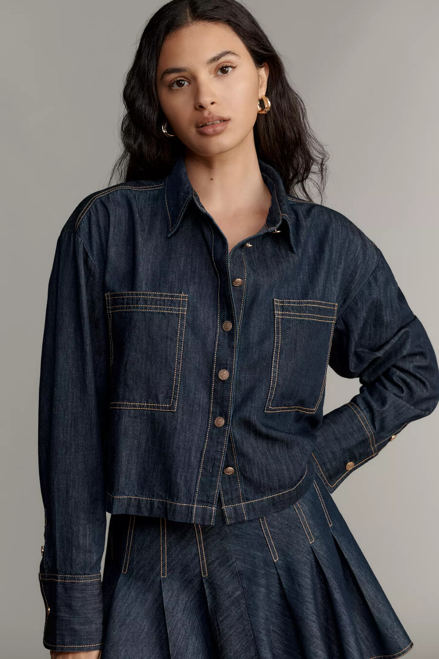 maeve långärmad kort denimskjorta med knappar