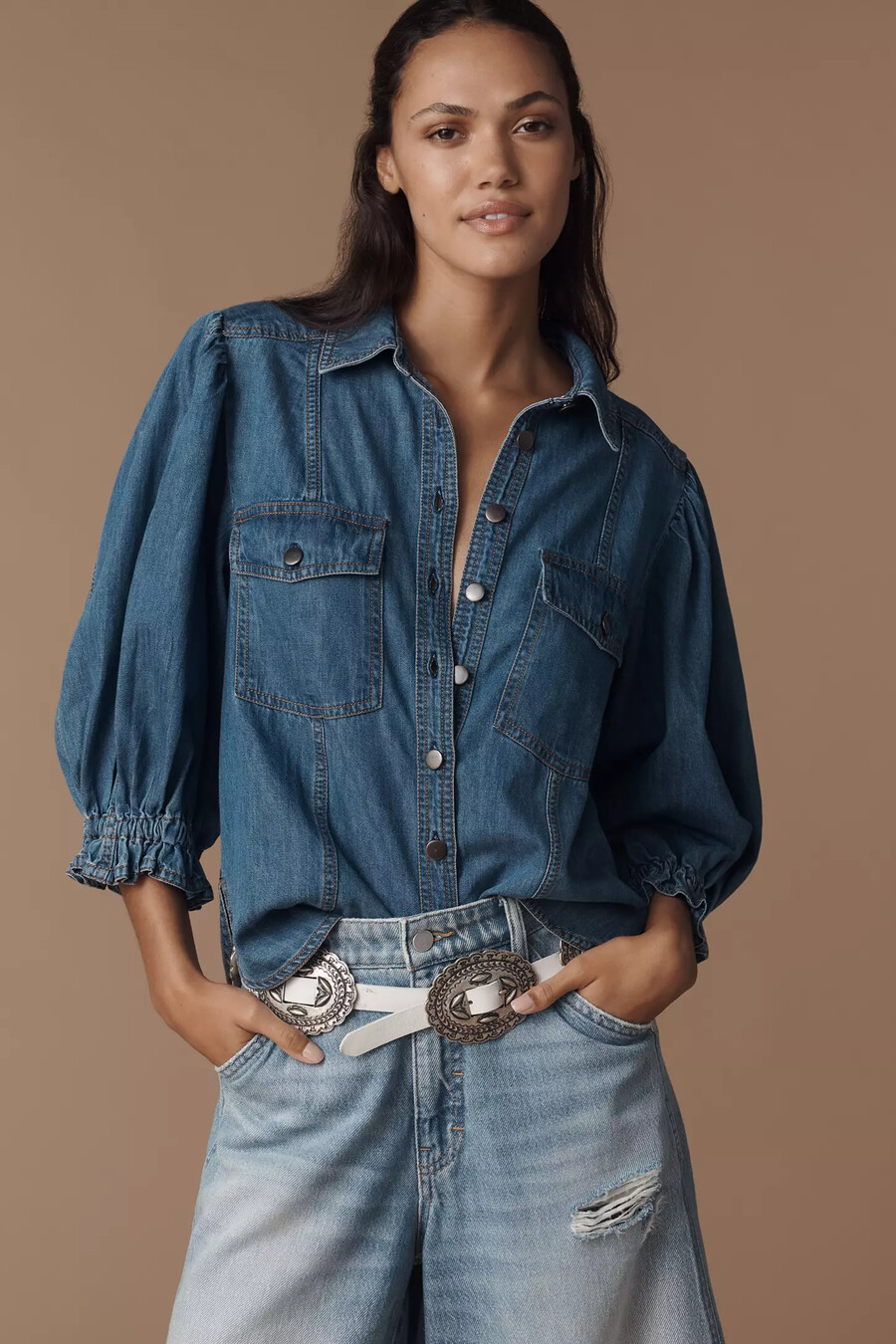 pilcro ballongärmad denimtopp med knappar