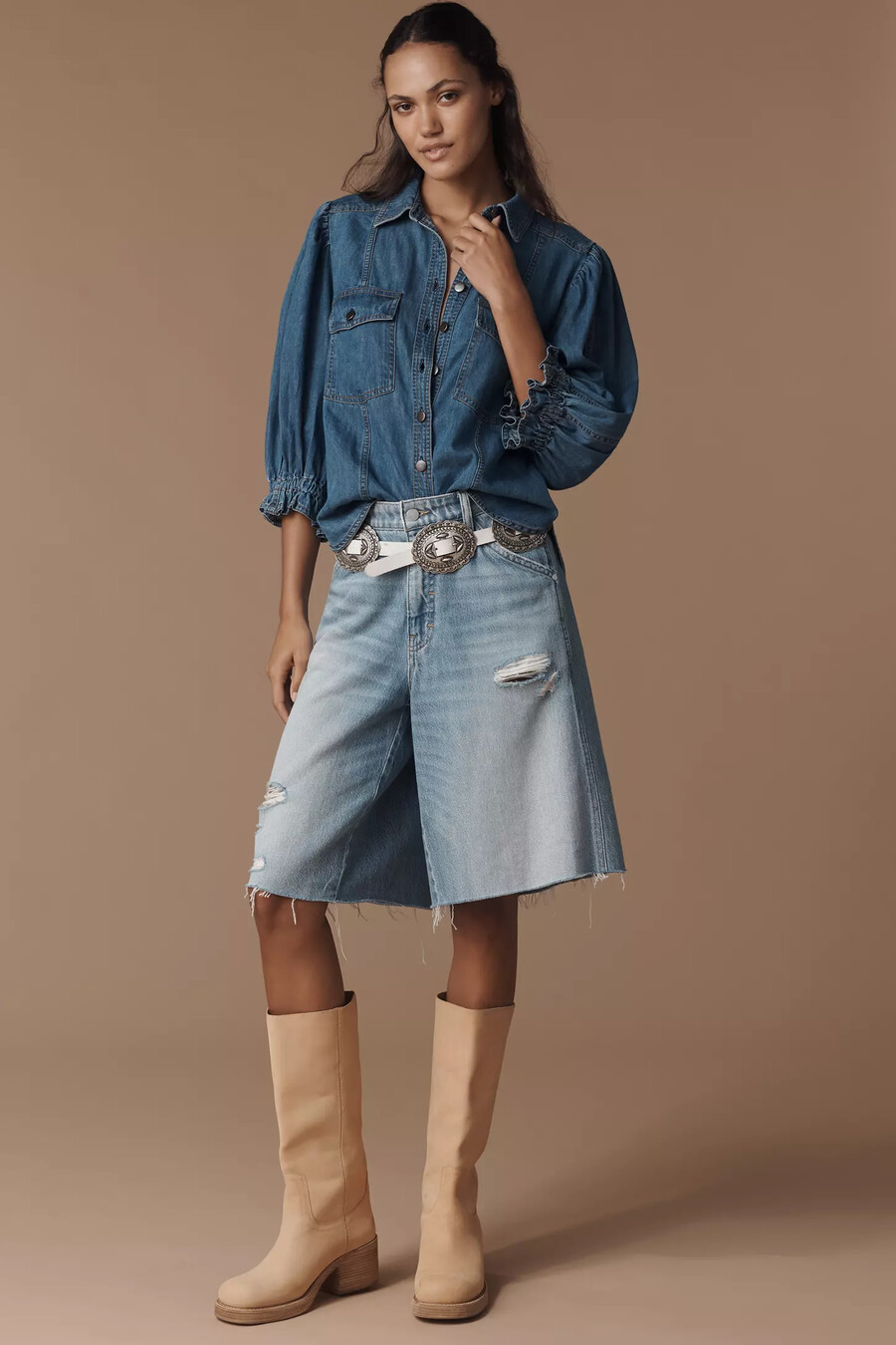 pilcro ballongärmad denimtopp med knappar