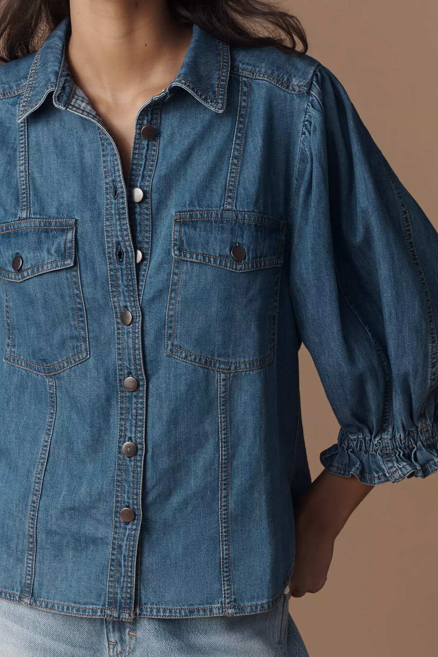 pilcro ballongärmad denimtopp med knappar