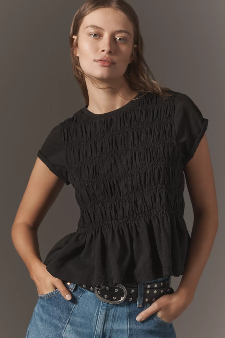 pilcro garment dye rynkad t-shirt med rund hals och kepsärm