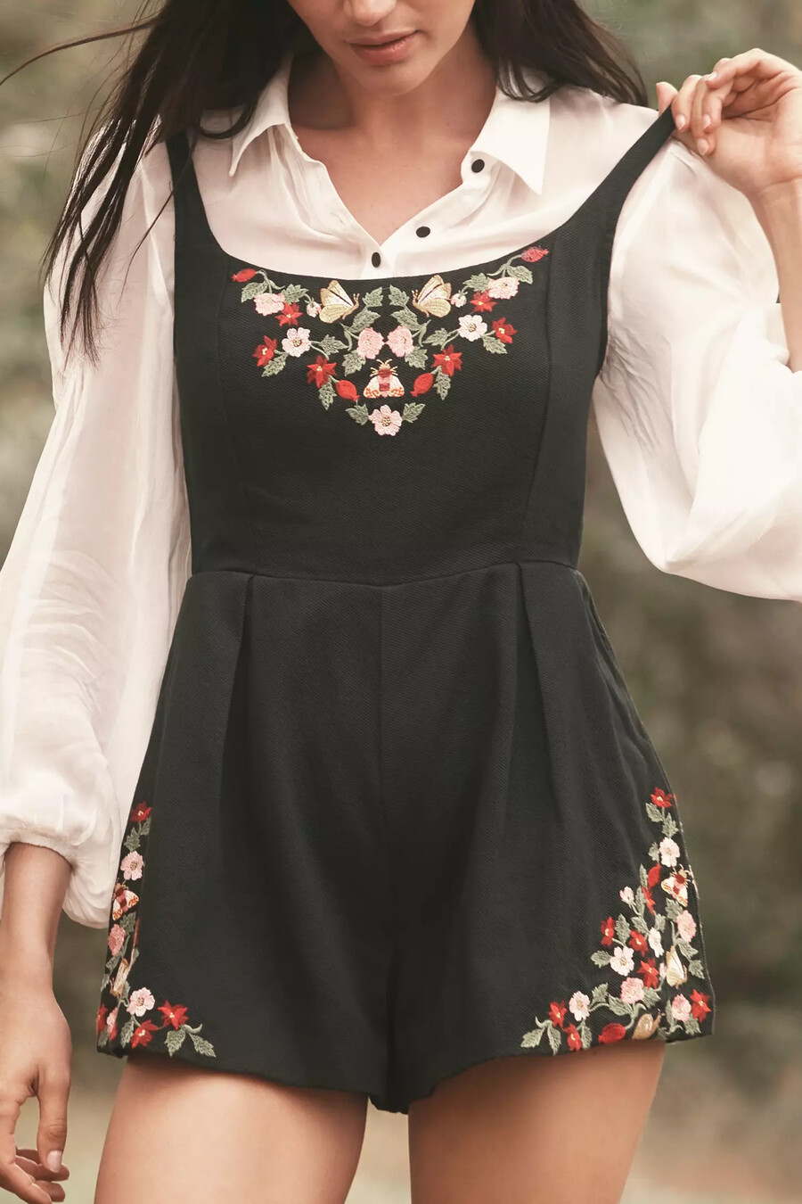 maeve långärmad broderad playsuit i tvåfärgat material