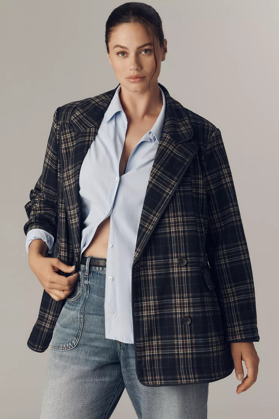 avec les filles dubbelknäppt stickad pläd blazer