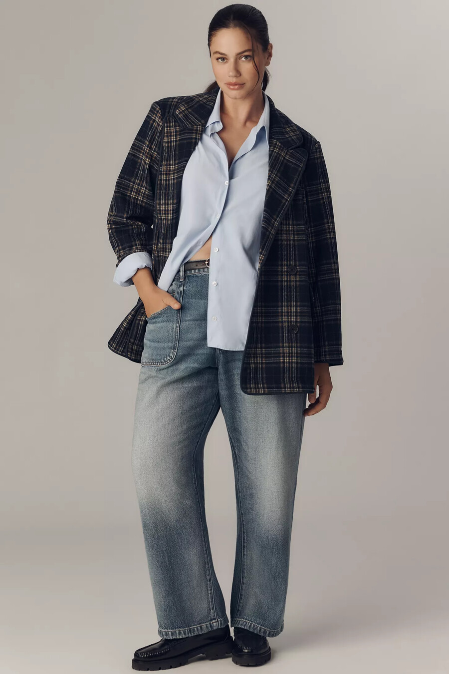 avec les filles dubbelknäppt stickad pläd blazer