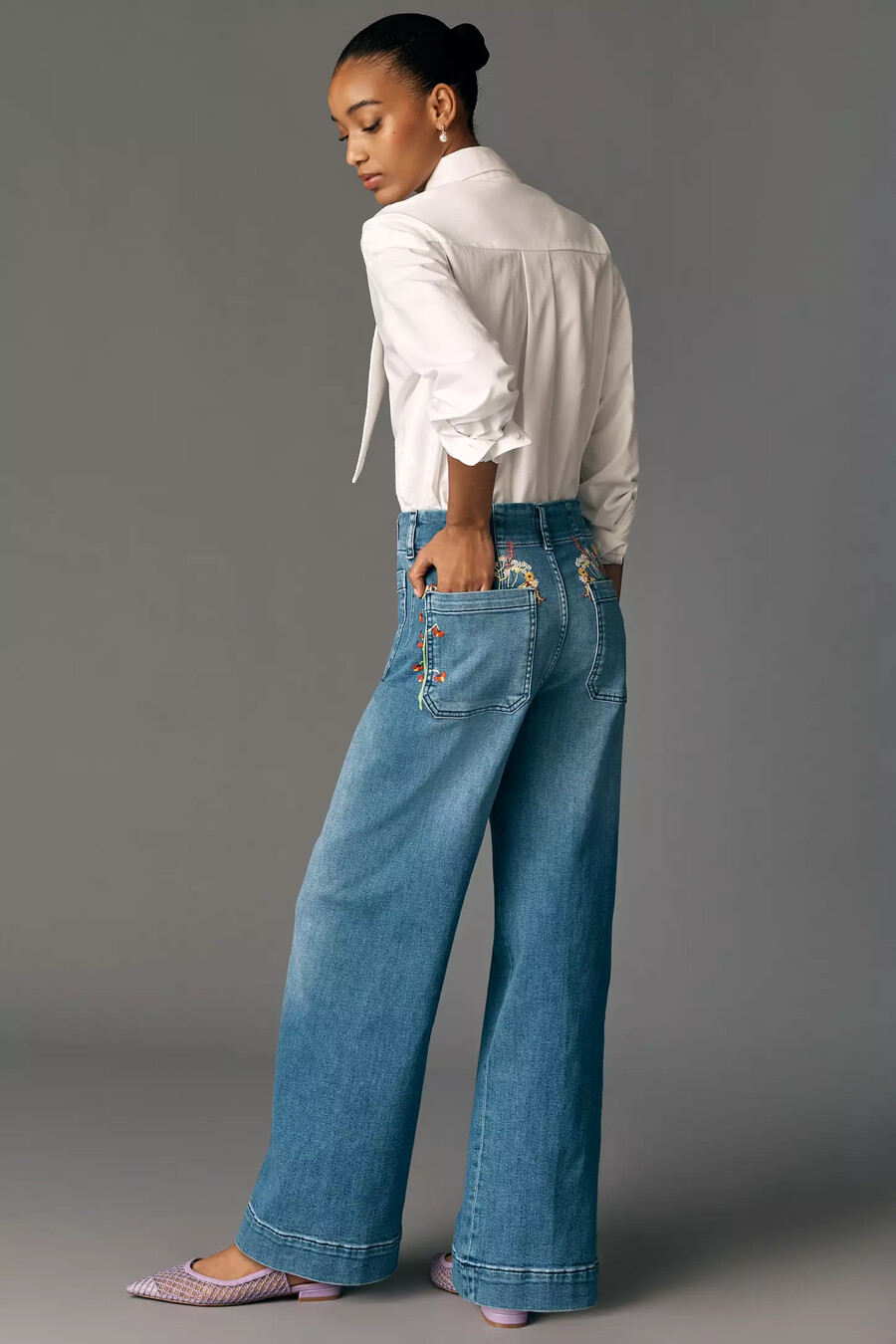 colette hellånga jeans med vida ben från maeve broderad fickutgåva
