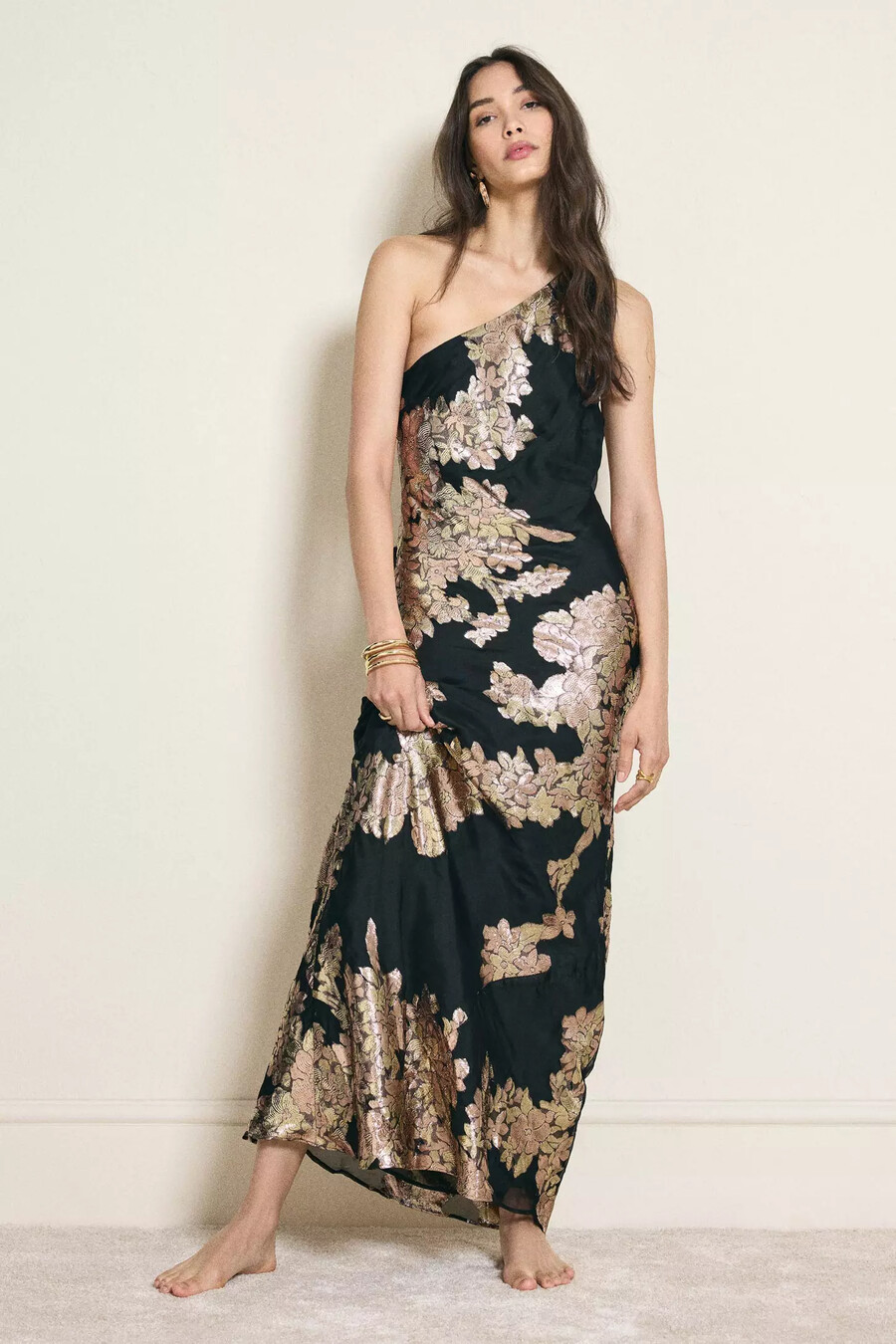 lily one-shoulder jacquard midi slip dress