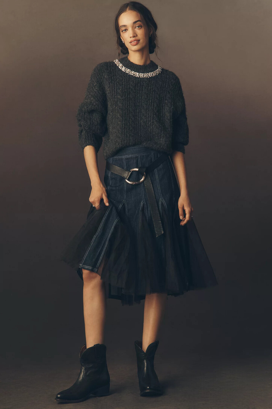 pilcro tulle godet denim mid skirt