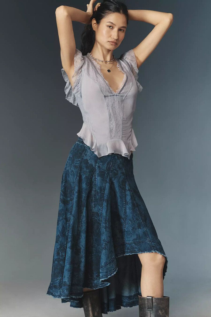 pilcro mönstrad denim petticoat midikjol